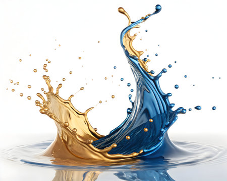 Dynamic liquid collision featuring gold and blue hues for cosmetic product advertisement use caseの素材