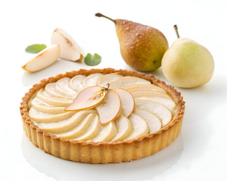 Fresh pear tart with sliced pears arranged on top displayed with whole pears nearbyの素材