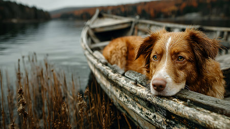 Resting dog lying down inside weathered rowboat on a tranquil lake during autumn seasonの素材