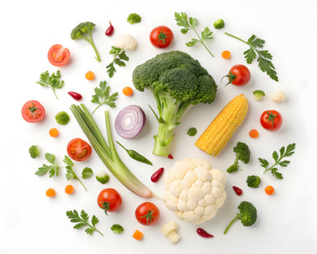 Fresh broccoli tomatoes and corn arranged beautifully on a white surface for healthy eatingの素材
