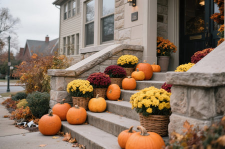 Pumpkins and mums adorn the steps of a house in autumn for a festive fall celebrationの素材