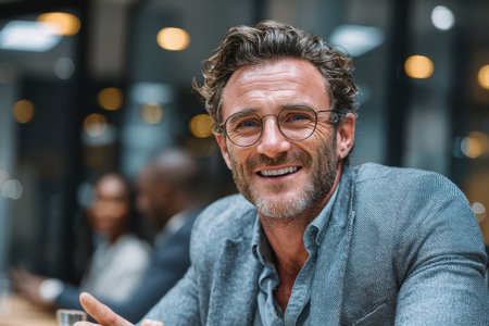 Smiling mature man wearing glasses and a blazer in a modern office with colleagues presentの素材