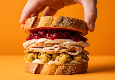 Hand holding a tall sandwich with turkey stuffing and cranberry sauce against orange backdropの素材