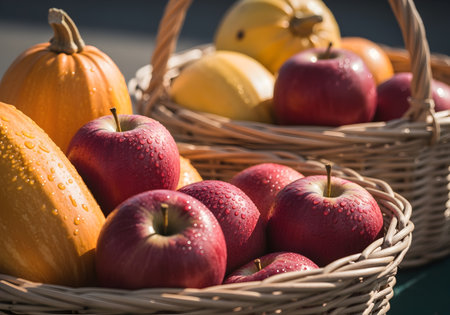 Ripe red apples and yellow squash sit together in woven baskets under bright sunlight outdoorsの素材