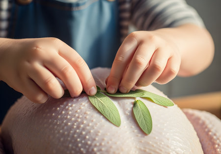 Child carefully places fresh sage leaves on a raw turkey preparing for holiday cooking prepの素材