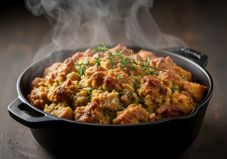 Steaming stuffing with herbs served in a black cast iron pot on a wooden surface ready to eatの素材