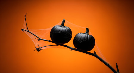 Two black pumpkins resting on a branch with spiderwebs against an orange colored backdropの素材