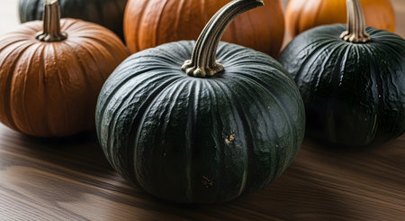 Assortment of pumpkins displays autumn harvest bounty on a rustic wooden table surfaceの素材