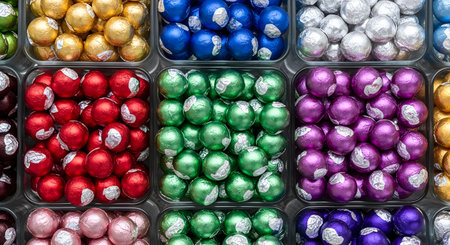 Assorted colorful wrapped candies arranged neatly in clear containers for retail displayの素材