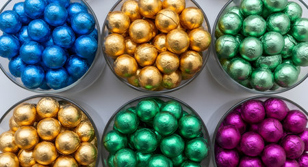 Colorful foil wrapped chocolates filling clear bowls arranged neatly on a white surface top viewの素材