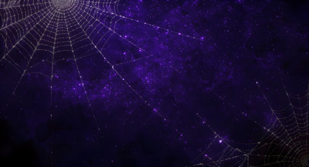 Spiderwebs stretching across a dark purple cosmic background with shining stars for halloweenの素材