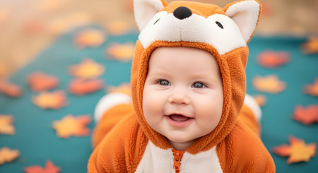 Smiling infant wearing an orange fox costume lying on a blue blanket with autumn leaves strewn aroundの素材
