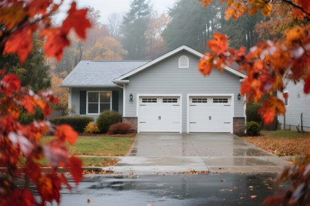 Residential home with double garage stands amidst colorful autumn leaves on a rainy day sceneの素材