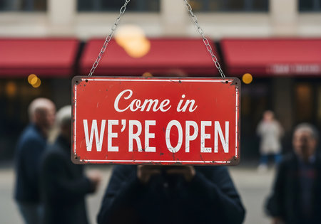 Red come in we are open sign hanging outside shop with people walking by on the sidewalkの素材