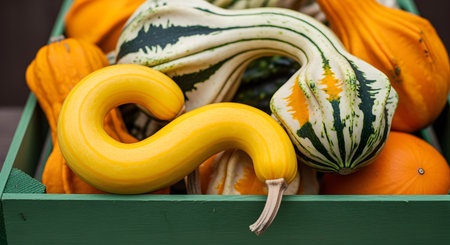 Assorted gourds displaying vibrant colors and unique shapes in a green wooden crate box close upの素材