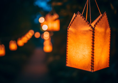 Illuminated paper lantern hanging for outdoor event lighting and warm atmospheric decorationの素材