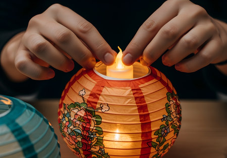 Hands placing a small electric candle inside a decorative paper lantern with floral designの素材