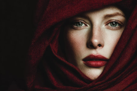 Woman with fair skin and red lipstick wearing a red headscarf in a dark and moody settingの素材