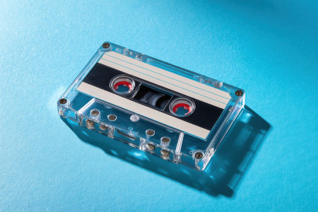 Transparent audio cassette casting a shadow on a bright blue surface for retro music themesの素材