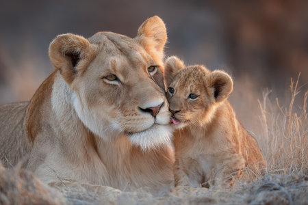 Lioness rests gently as her cub licks her face affectionately in the golden savanna lightの素材