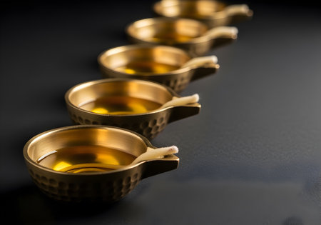 Golden diya lamps filled with oil aligned on a dark surface for religious celebration useの素材