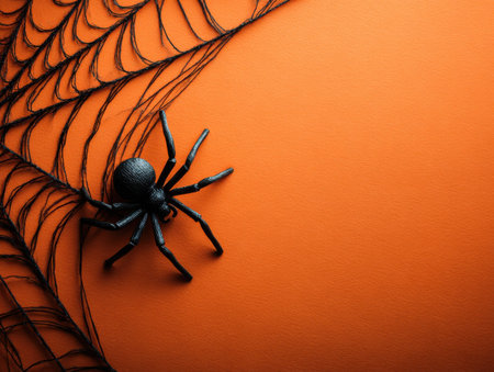 A black spider and a spiderweb on an orange background for halloween themed content and decorationsの素材