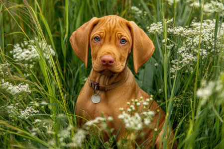 Alert puppy with floppy ears sits attentively amidst tall grasses and wildflowers outdoorsの素材