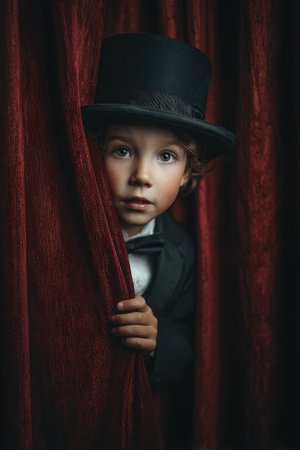 Young boy wearing formal attire peeking from behind a red velvet curtain on a theater stageの素材