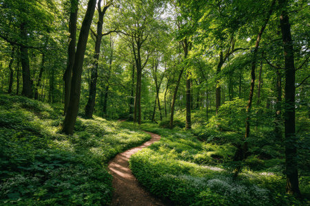 Winding pathway curves through lush green forest illuminated by dappled sunlight streaming downの素材