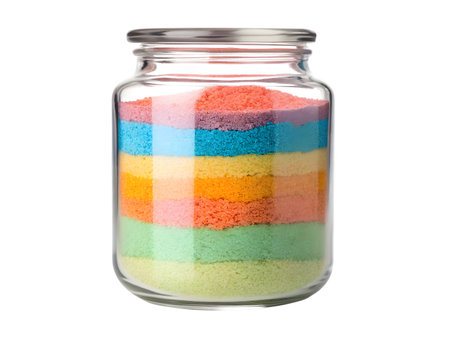 Colorful layered powder fills a clear glass jar creating a vibrant and playful displayの素材