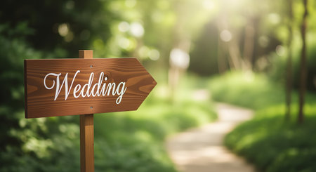Wooden wedding sign points towards a path in a lush green garden for a summer celebrationの素材
