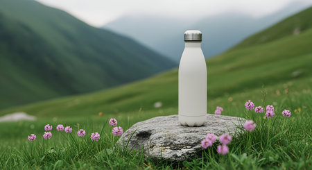 White reusable bottle rests on rock surrounded by pink wildflowers in mountain meadow sceneの素材
