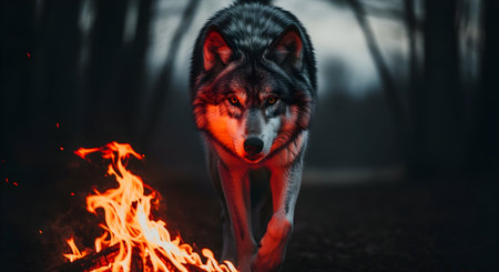 Gray wolf walking near a campfire in a dark forest at night with glowing red light castedの素材