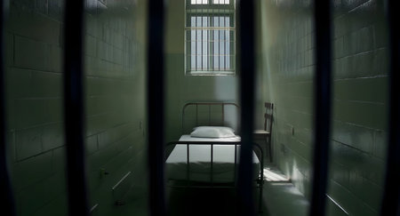 Metal bars obstruct view into a sparse room with a bed and chair in a correctional facilityの素材