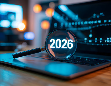 Magnifying glass focuses on the year 2026 displayed on a laptop screen for future planningの素材