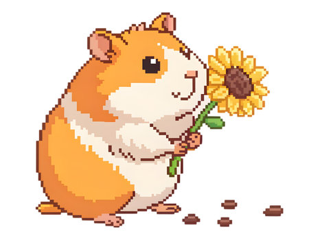 Pixelated hamster holding a sunflower with seeds scattered on the ground in transparent sceneの素材