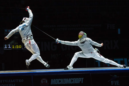 MOSCOW, RUSSIA - MAY 30, 2015: Romania's Tiberiu Dolniceanu against Germany's Matyas Szabo in the...