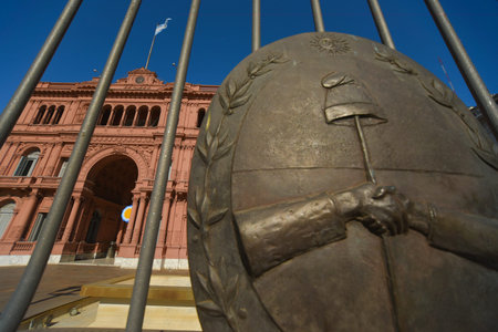 Emblem of Argentina on fence of the Casa Rosada The Pink House, official residence of the President of Argentina and seat of the Government, placed at the Plaza de Mayo in Buenos Aires.のeditorial素材