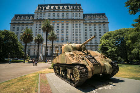 Buenos Aires, Argentina, Feb 01: Tank Sherman M4A4 in front the Libertador Building, headquarters of the Ministry of Defense of Argentina is a ministry of the national executive power on 1 February, 2016 in Buenos Aires, Argentina.のeditorial素材
