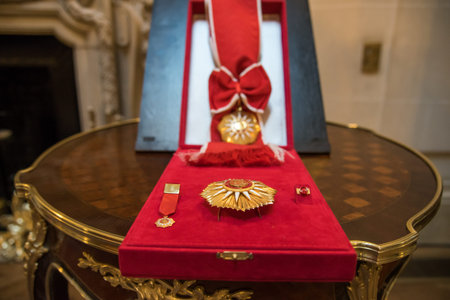 Buenos Aires, Argentina - October 21, 2015: The Order of May at the ceremony for opening an exhibition dedicated to the 130th anniversary of diplomatic relations between Russia and Argentina.のeditorial素材