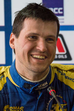 Moscow, Russia - Apr 18, 2015: Driver Myachin Dmitriy during a press conference after the Rally Masters Show 2015.のeditorial素材