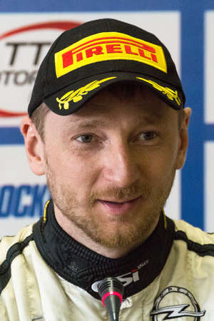 Moscow, Russia - Apr 18, 2015: Driver Lukyanuk Alexey during a press conference after the Rally Masters Show 2015.のeditorial素材