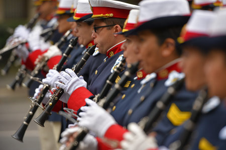 Buenos Aires, Argentina - Jul 11, 2016: Members of the Argentine military band perform at the parade...
