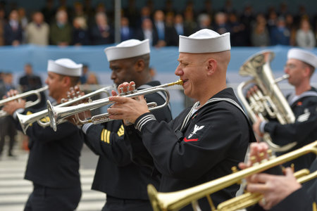 Buenos Aires, Argentina - Jul 11, 2016: Members of the US military band perform at the parade during...