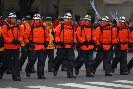 Buenos Aires, Argentina - Jul 11, 2016: Argentine Antarctic army forces at the military parade during celebrations of the bicentennial anniversary of Argentinean Independence day.のeditorial素材
