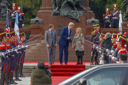 Buenos Aires, Argentina - Aug 4, 2016: US Secretary of State John Kerry (C), Argentine Foreign Minister Susana Malcorra (R) and the Secretary of Government of Buenos Aires Fernando Diego Straface (L).のeditorial素材