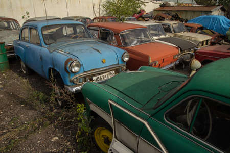 Moscow, Russia - 13 Sept, 2014: Retro car parking outdoor of the Museum of Industrial Culture.のeditorial素材