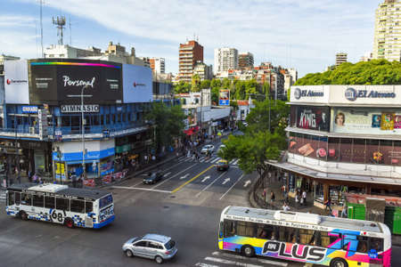 Buenos Aires, Argentina - 17 Mar, 2016: Aerial daytime view of the Cabildo Avenue with buses and pedestrians.のeditorial素材