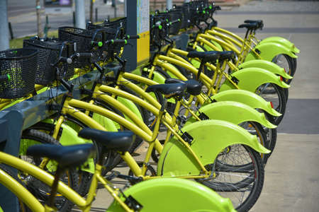 Buenos Aires, Argentina - 16 Feb, 2017: City parking of the Ecobici rental bikes.のeditorial素材