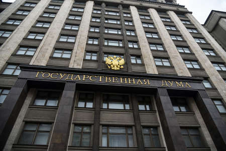 Moscow, Russia - 2 Apr, 2018: Facade of the State Duma, Parliament building of Russian Federation.のeditorial素材